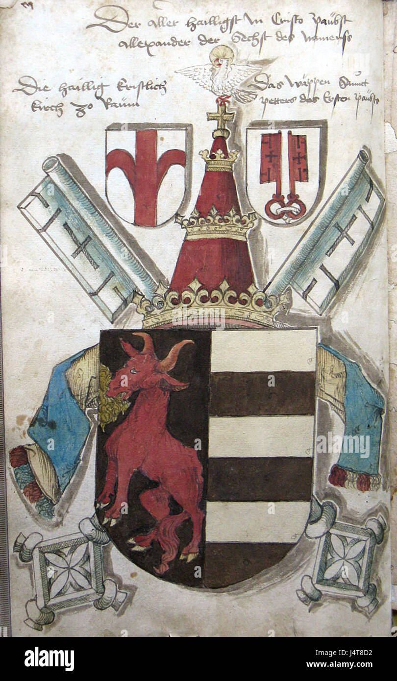 Uno stemma associato a Papa Alessandro vi, risalente alla fine del XV secolo. Questo emblema rappresenta la famiglia papale e il regno di PopeÂ. Foto Stock