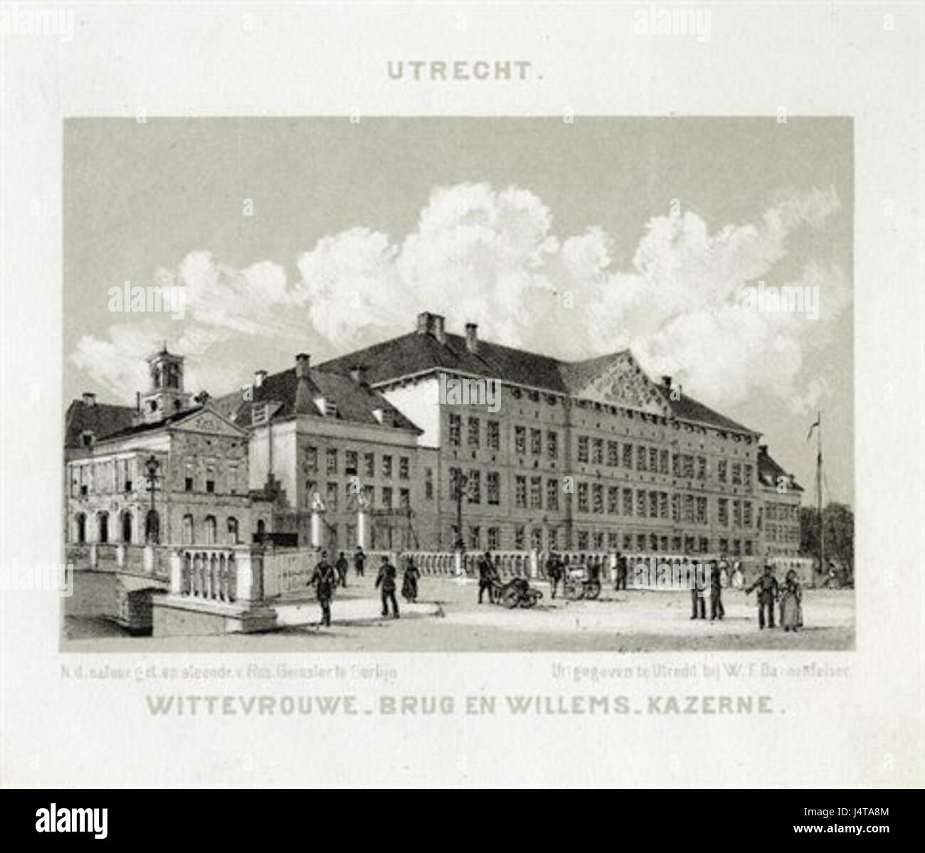 Questa fotografia in bianco e nero mostra la Willemskazerne, una storica caserma militare a Utrecht, nei Paesi Bassi, nota per il suo significato architettonico e il suo ruolo nella storia militare. Foto Stock