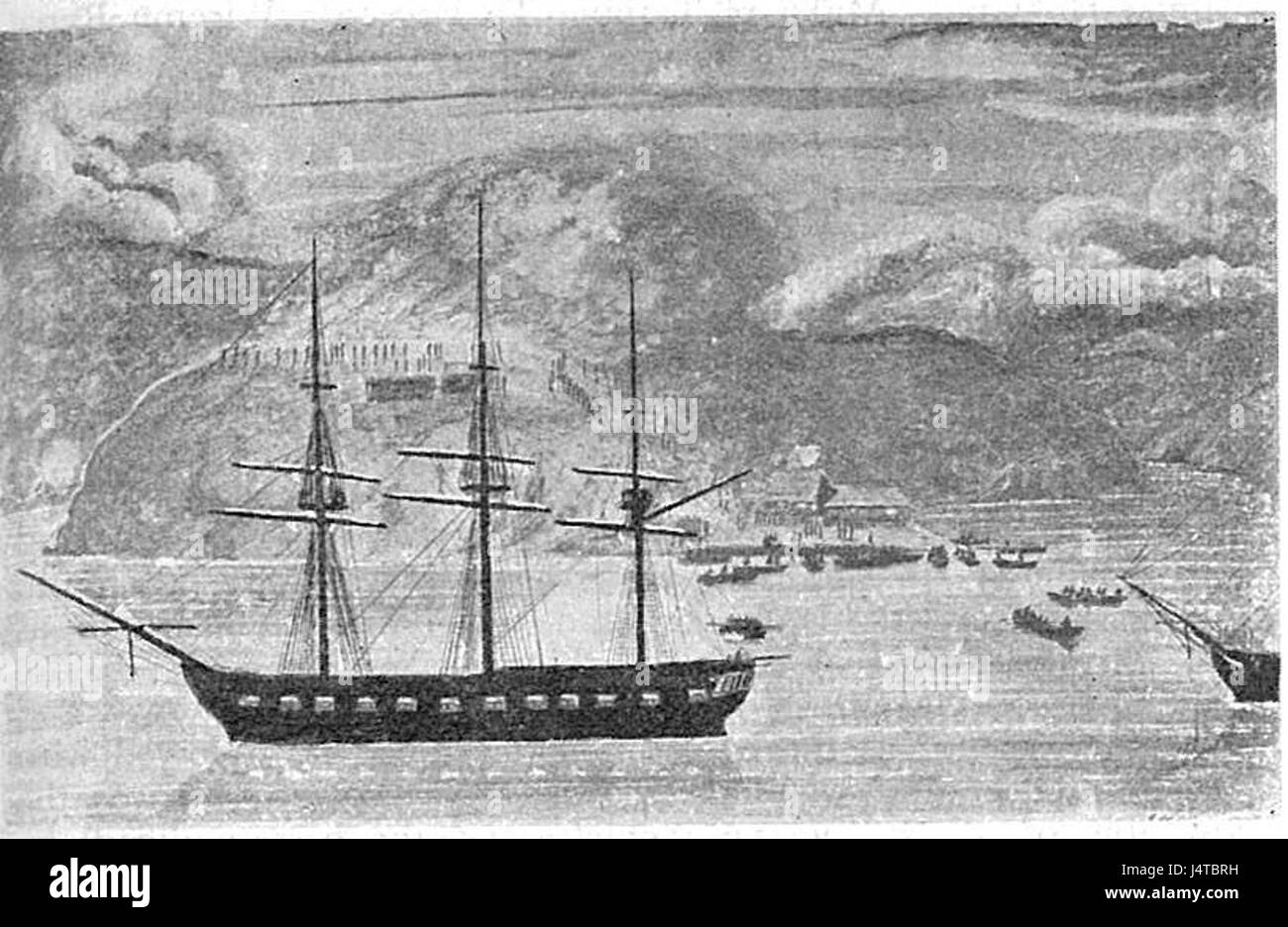 Un'immagine che raffigura la distruzione di Pomares Pa, catturando le conseguenze dell'evento. Questa scena fornisce una visione del contesto storico dell'incidente. Foto Stock