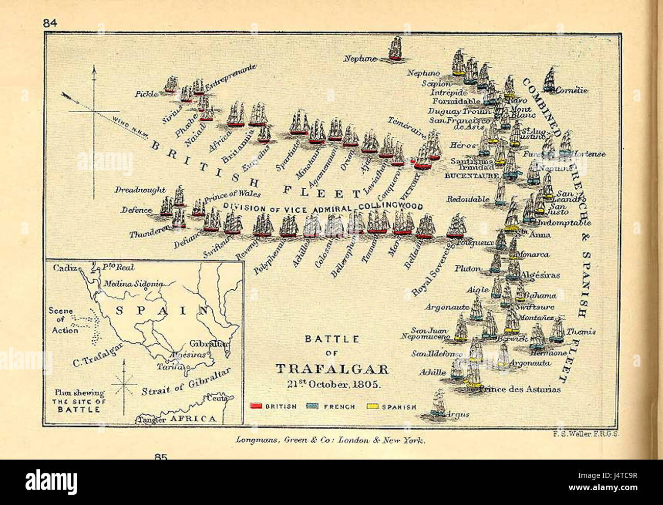 La battaglia di Trafalgar, combattuta nel 1805, fu uno scontro navale decisivo tra la Royal Navy britannica e le flotte combinate di Francia e Spagna durante le guerre napoleoniche. La vittoria britannica confermò la loro supremazia navale. Foto Stock