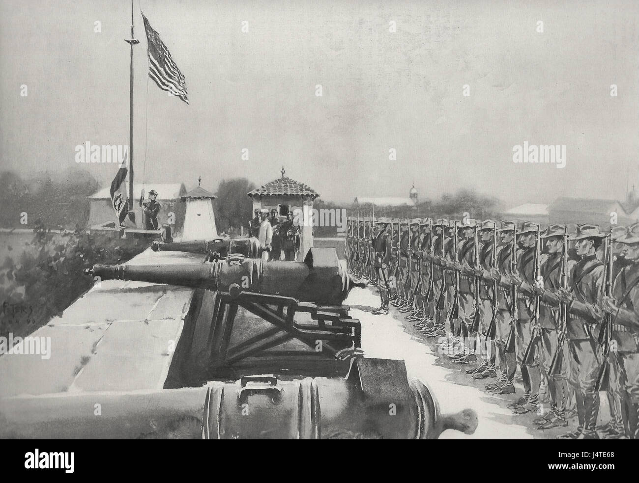 Alzando la bandiera americana su Forte Santiago, Manila, la sera del 13 agosto 1898 - Spagnolo guerra americana Foto Stock