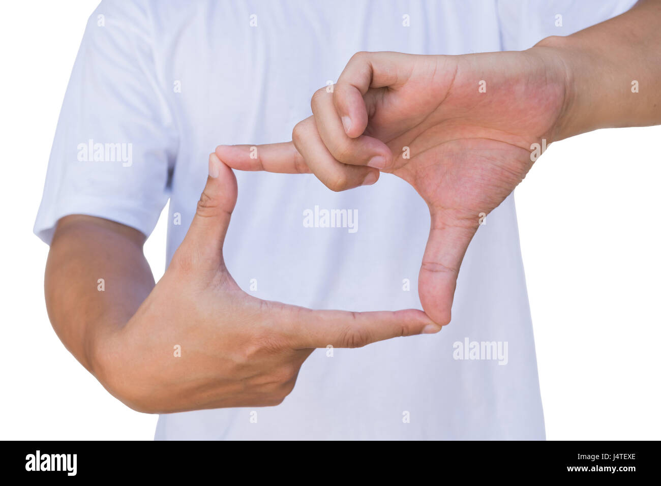 Uomo che mostra il telaio sul lato gesto con il tracciato di ritaglio Foto Stock