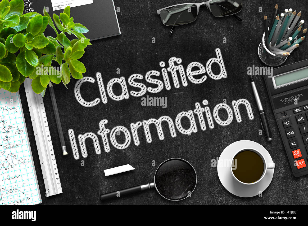 Per informazioni classificate sulla lavagna. Il rendering 3D. Foto Stock