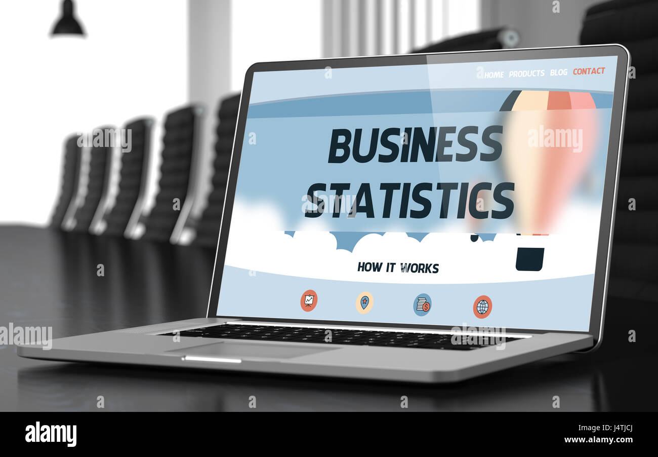 Statistiche delle imprese su laptop in sala conferenza. 3D. Foto Stock