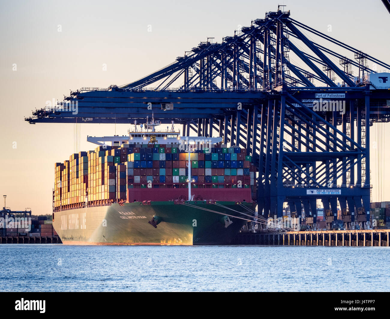 Porto di Felixstowe Commercio Internazionale Regno Unito - Le navi vengono caricate e scaricate a Felixstowe, Regno Unito il contenitore più grande porto. Foto Stock