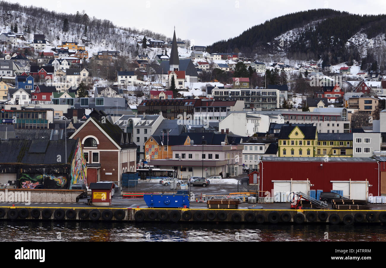 Il lungomare di Harstad porto d'inverno. Harstad, Troms, Norvegia. Foto Stock