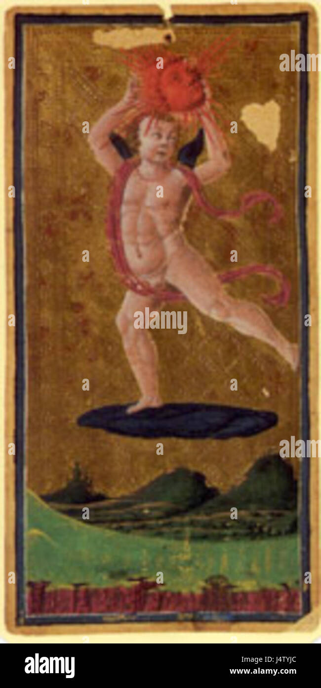 La carta Sole del ponte dei tarocchi Visconti Sforza, un ponte del primo Rinascimento, presenta opere d'arte e simbolismo intricati. Il ponte Visconti Sforza è uno dei più antichi set di carte di tarocchi conosciuti, che riflette la cultura e il misticismo medievali italiani. Foto Stock