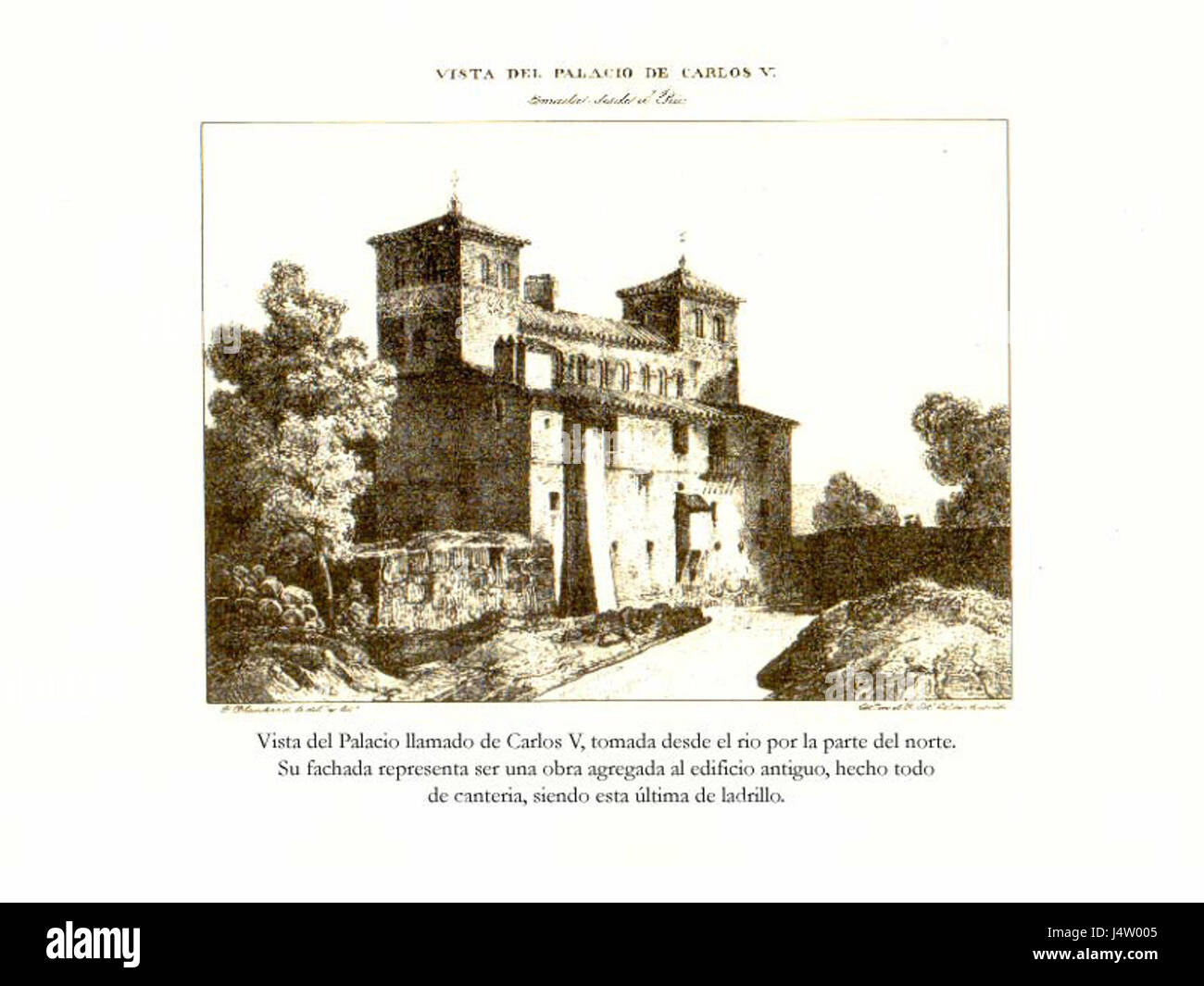 Vista del Palacio de Carlos V è una rappresentazione del Palazzo di Carlo V in Spagna, che mostra le caratteristiche architettoniche e il significato storico del palazzo nel contesto dell'architettura rinascimentale spagnola. Foto Stock