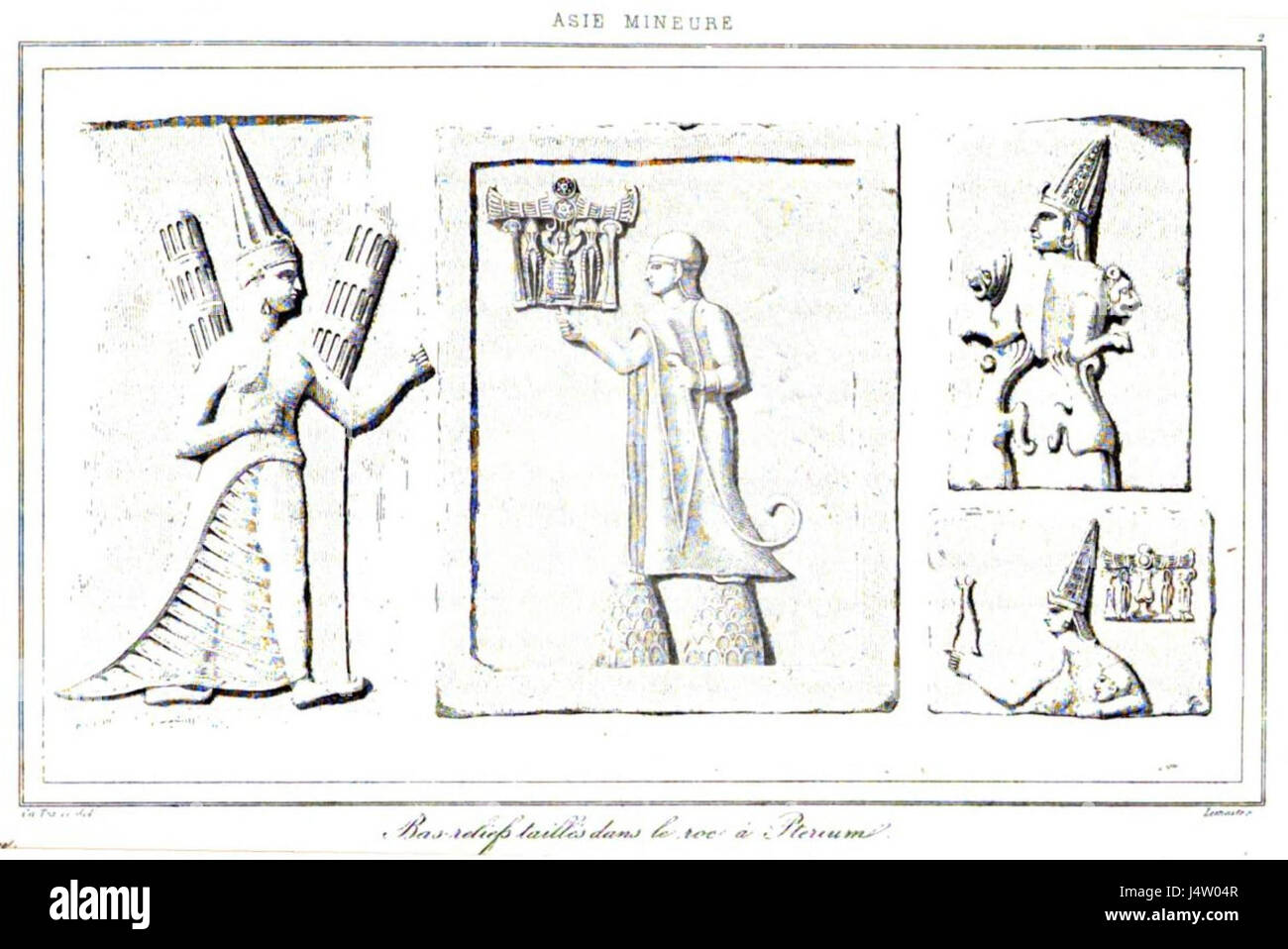 Yazilikaya, situata in Turchia, è un antico santuario di roccia ittita con sculture in rilievo raffiguranti divinità e scene religiose. Questo titolo si riferisce a uno studio o a un'illustrazione relativi al sito di Texier, incentrati sul suo significato storico e archeologico. Foto Stock