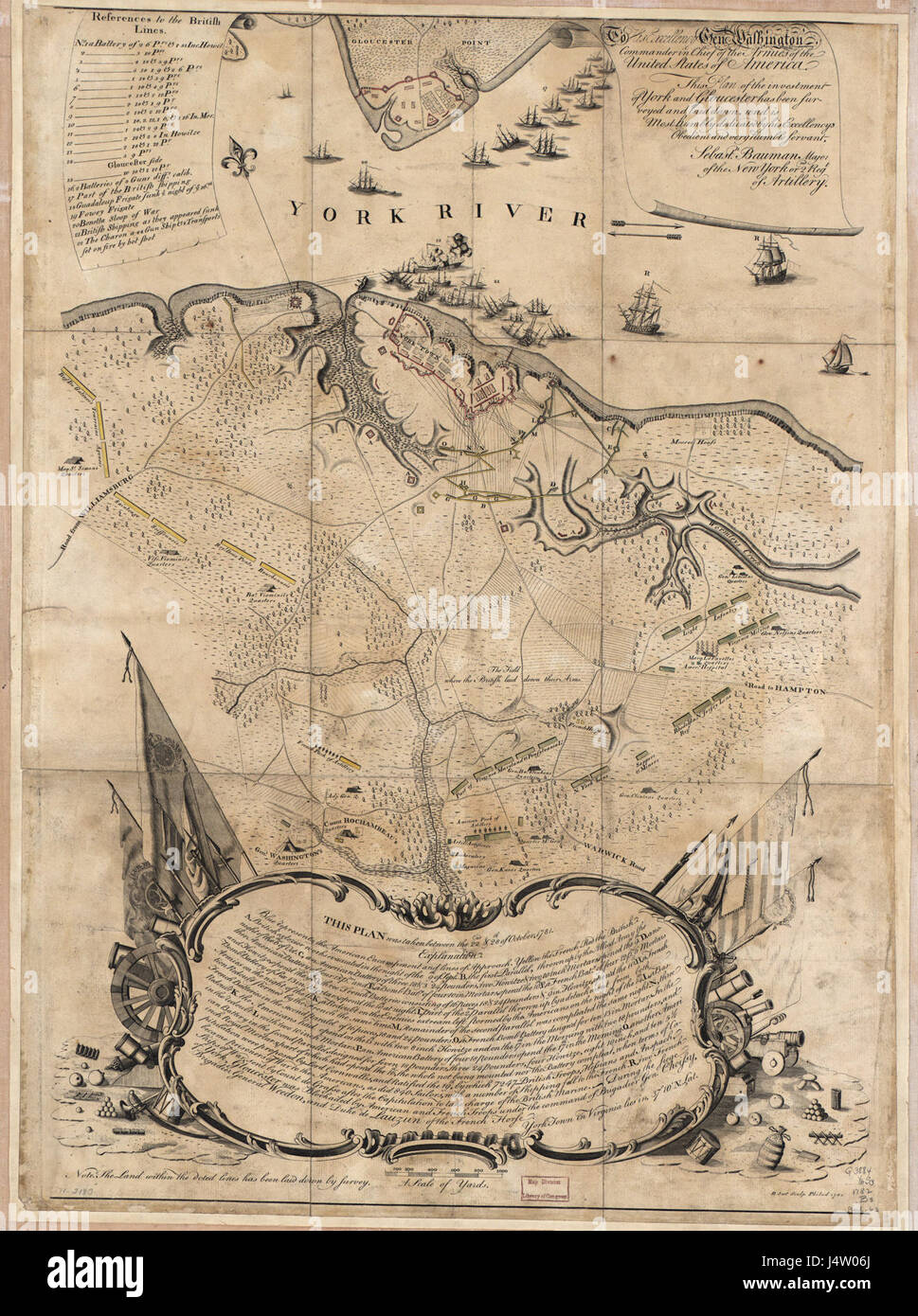 La mappa di Yorktown3 Rochambeau è un documento storico che descrive le strategie e i movimenti delle forze americane e francesi durante la battaglia di Yorktown nel 1781, un momento decisivo nella guerra di indipendenza americana. Foto Stock