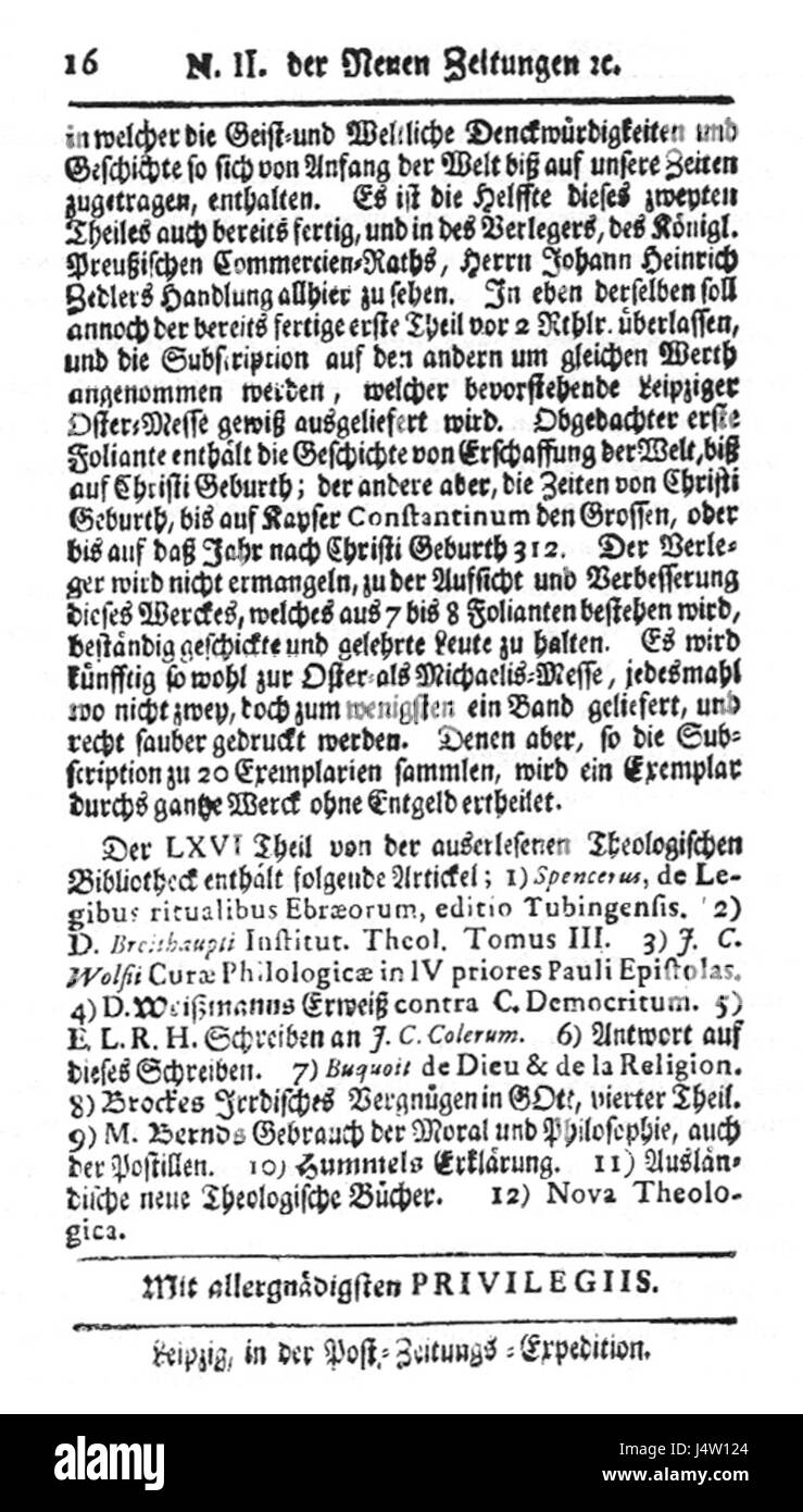 "Neue Zeitungen" dell'8 gennaio 1733 fornisce un resoconto storico di notizie ed eventi del XVIII secolo, che riflette il paesaggio politico, sociale e culturale dell'epoca Zedlerâ. Foto Stock