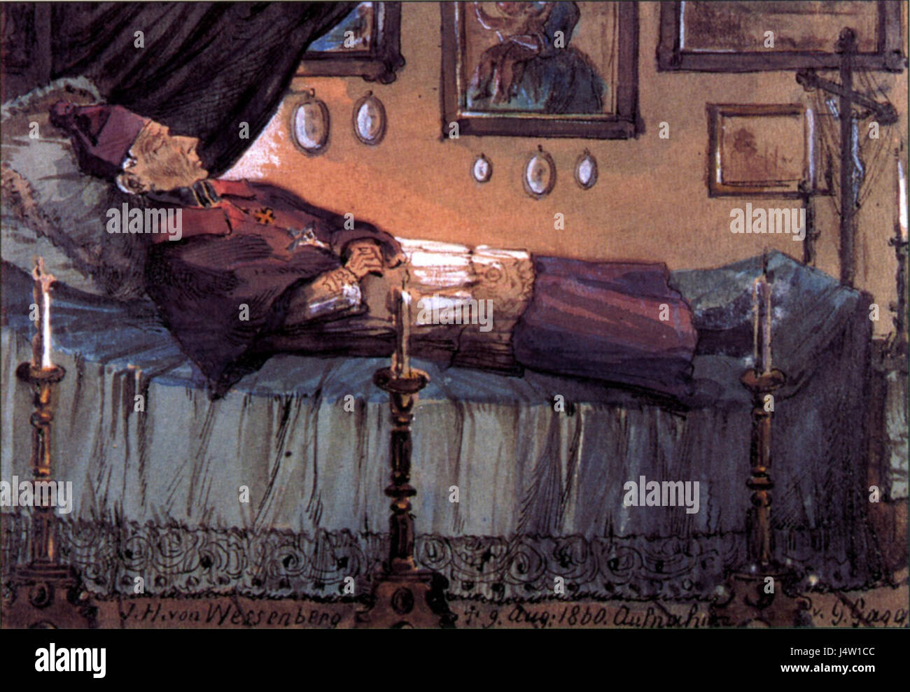 'Wessenberg Totenbett 1860' è un'opera d'arte raffigurante una scena funeraria del XIX secolo dell'artista Wessenberg. Il pezzo riflette gli atteggiamenti culturali verso la morte e le pratiche di sepoltura durante l'epoca. Foto Stock