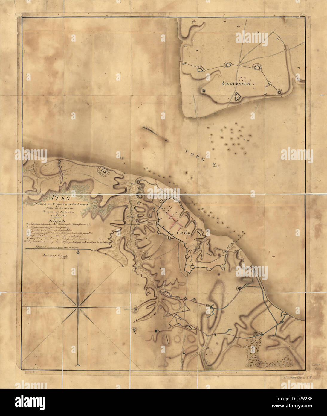 Questa mappa rappresenta probabilmente la battaglia di Yorktown durante la Rivoluzione americana, mostrando la posizione strategica delle forze francesi sotto Rochambeau e il loro ruolo nella vittoria decisiva. Foto Stock