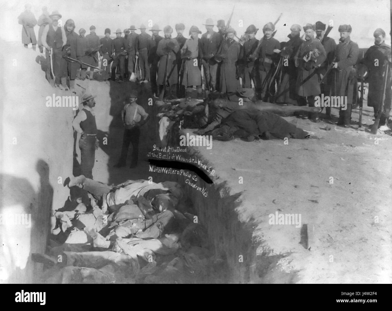 Il massacro di Wounded Knee avvenne nel 1890 a Wounded Knee Creek nel Dakota del Sud. Fu un tragico evento che coinvolse l'uccisione di centinaia di nativi americani Lakota Sioux da parte delle truppe statunitensi. Foto Stock