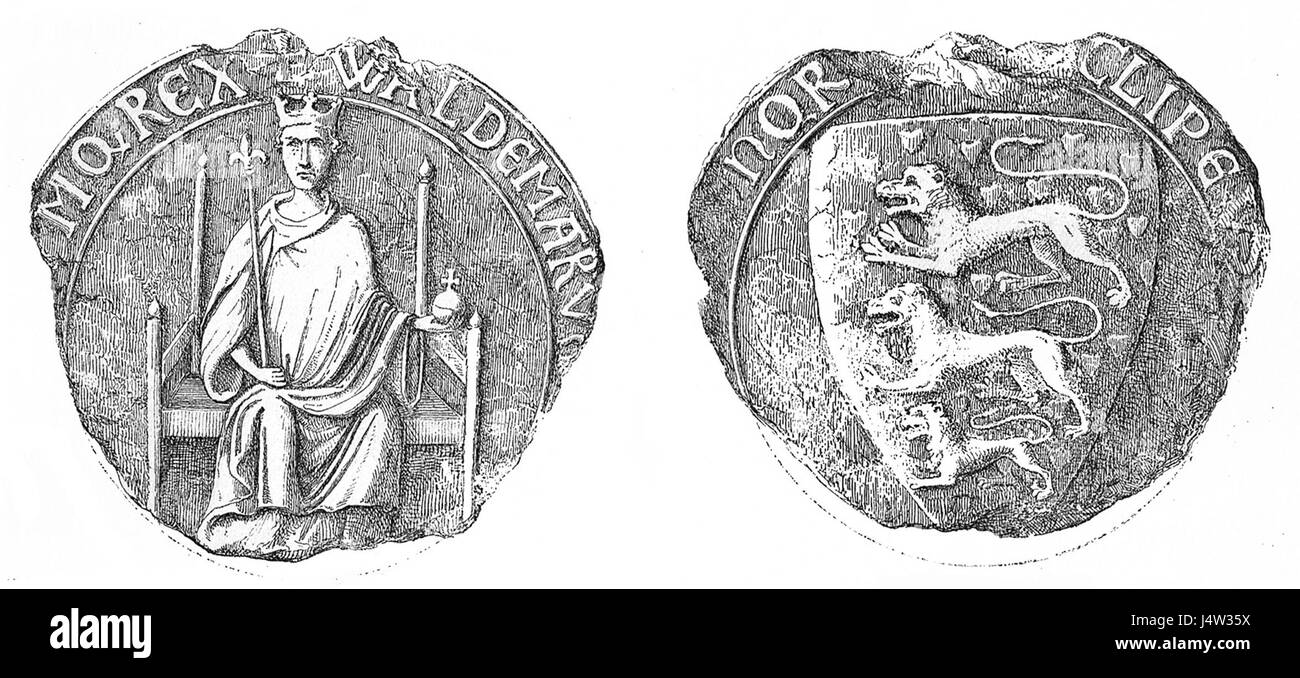 Il sigillo di Valdemar Sejr è un manufatto storico associato al re Valdemaro II di Danimarca, utilizzato per autenticare i documenti ufficiali nel XIII secolo. Foto Stock