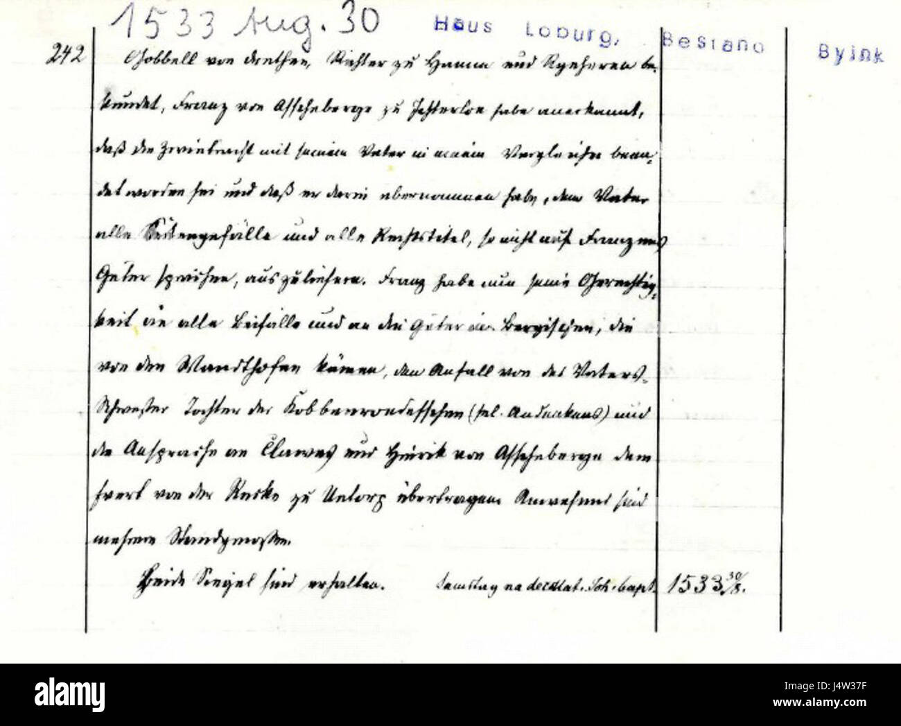 Urkundenregest Haus Loburg è un documento medievale o storico relativo alla Casa di Loburg, che riflette la storia di questa notevole struttura e il suo significato nella storia regionale. Foto Stock