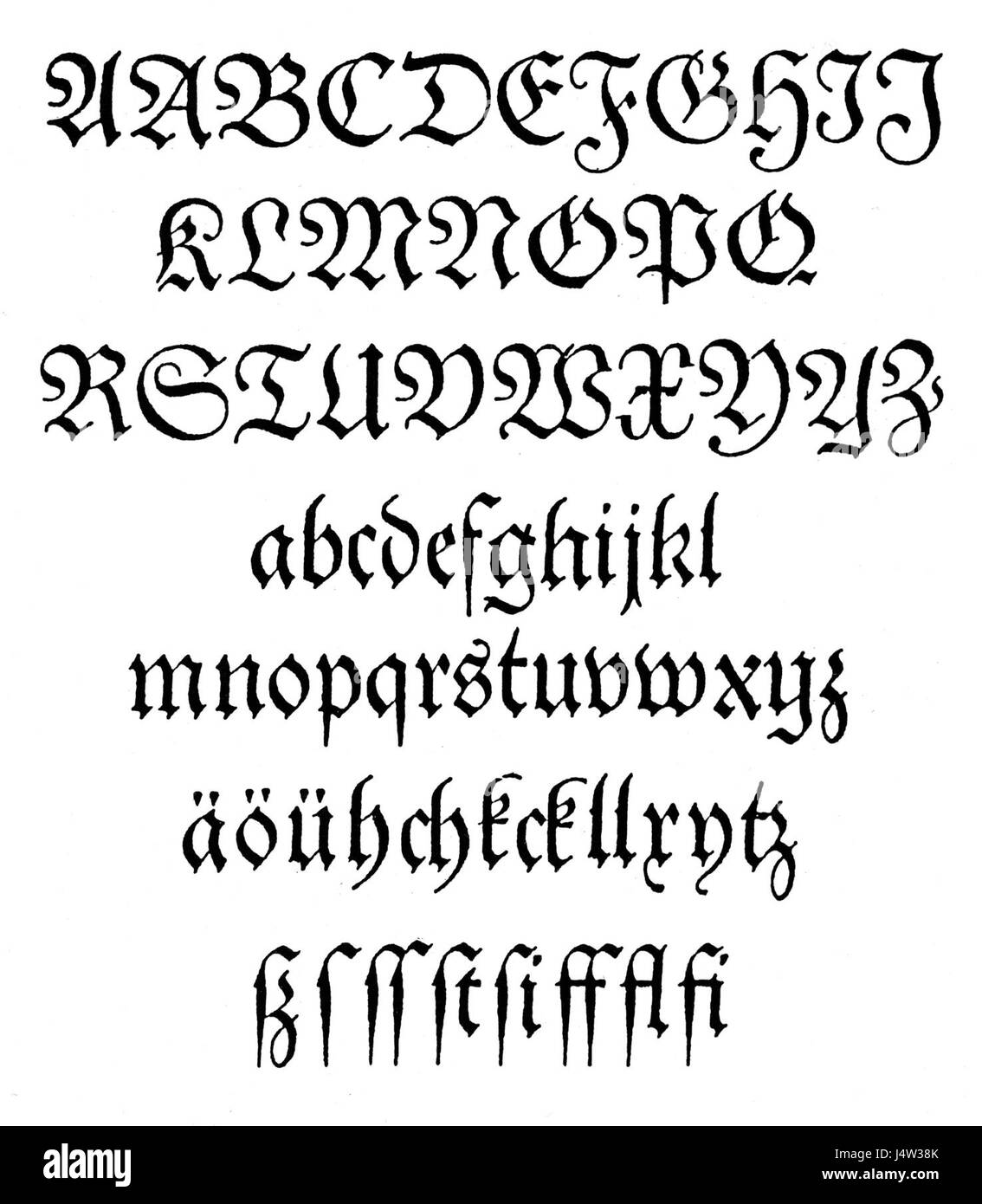 Theuerdank Fraktur si riferisce a un tipo di scrittura gotica usata nel XVI secolo, particolarmente visto nel libro illustrato "Theuerdank", che descrive le avventure dell'imperatore Massimiliano I. la scrittura è nota per il suo stile ornato ed elaborato. Foto Stock