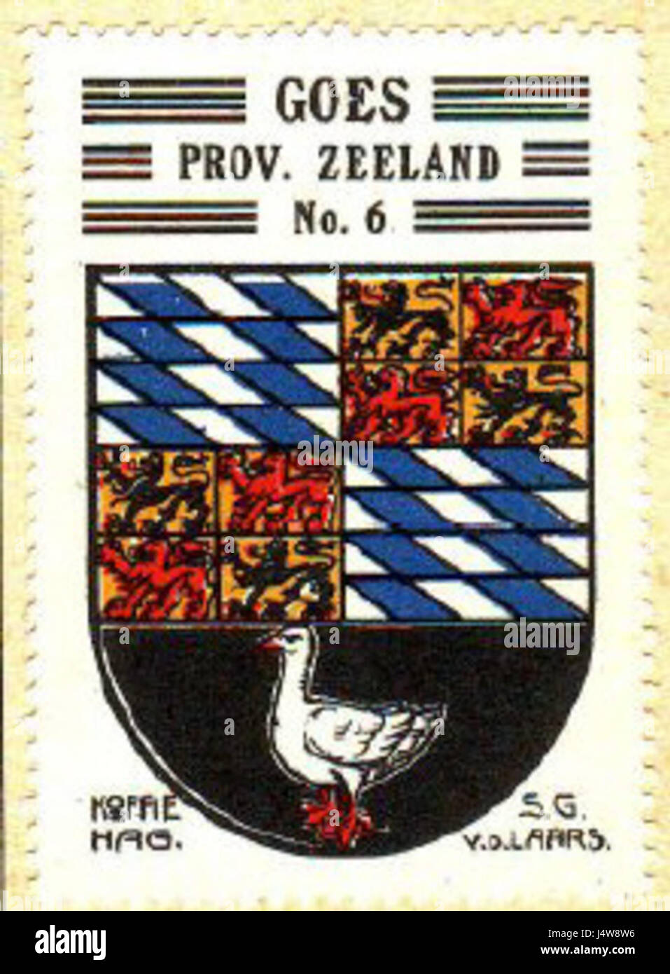 Una rappresentazione dello stemma di Goes, Paesi Bassi, che illustra i simboli araldici della città e il significato storico. Foto Stock