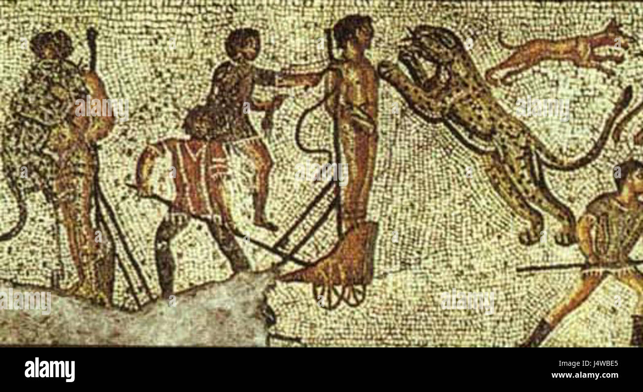 Il leopardo Zliten è un antico mosaico rinvenuto a Zliten, in Libia. Raffigura un leopardo in intricati dettagli, che mostra l'arte romana in Nord Africa durante il periodo imperiale. Foto Stock