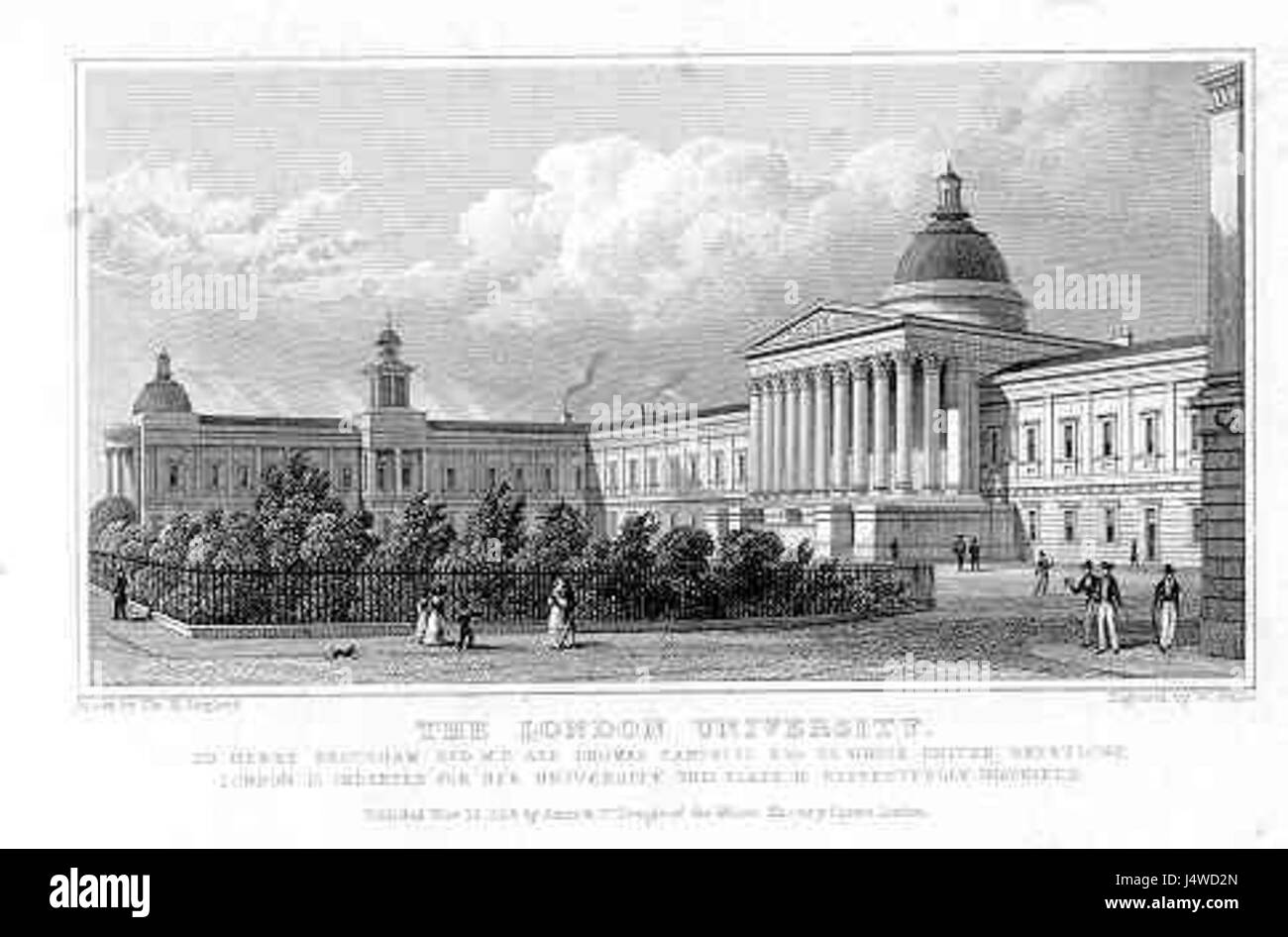 Questa è una rappresentazione del 1827 della London University, dipinta da Thomas Hosmer Shepherd. L'opera mostra il design architettonico dell'università durante il XIX secolo, riflettendo il suo ruolo nell'educazione britannica. Foto Stock