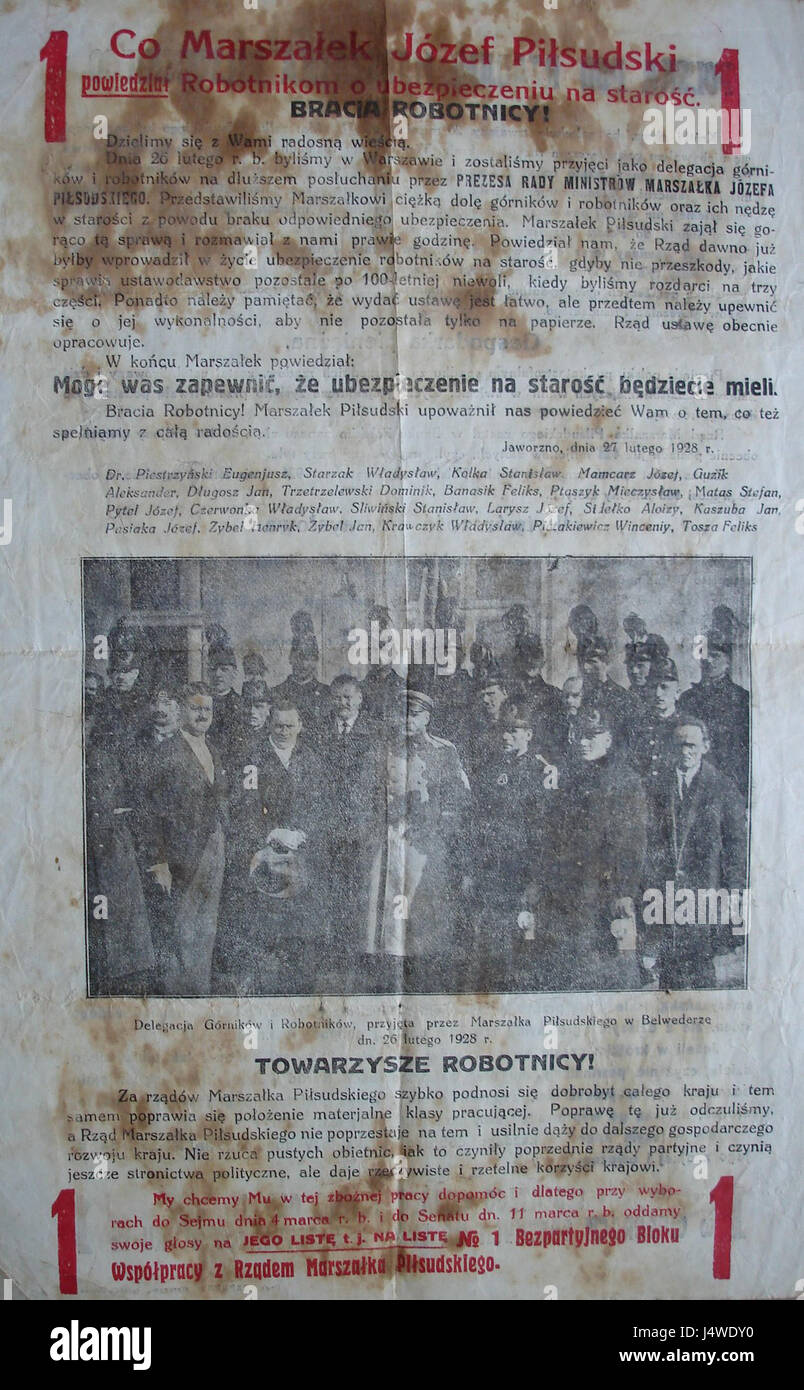 Ulotka BBWR 1928 si riferisce a un volantino storico polacco, un documento utilizzato per scopi politici o promozionali durante il periodo interbellico in Polonia, che riflette il clima politico dell'epoca. Foto Stock