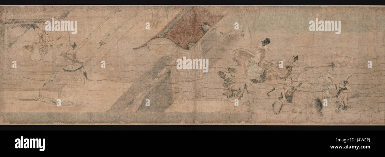 L'emaki "Tsuchigumo no soshi" è un dipinto di pergamena giapponese che raffigura la leggenda del Tsuchigumo, un ragno gigante nel folklore giapponese. Questa sezione, del periodo Kamakura, illustra significativi elementi culturali del Giappone medievale. Foto Stock