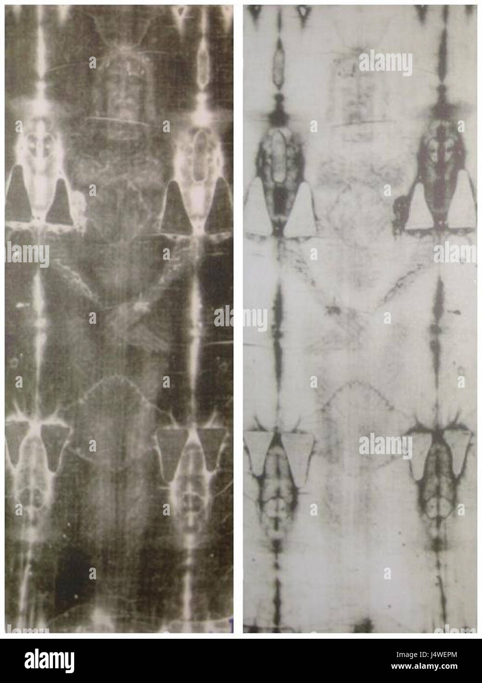 La Sindone di Torino è una famosa tela di lino che alcuni ritengono essere stata la Sindone sepolcrale di Gesù Cristo. L'immagine mostrata è una fotografia negativa e positiva del Sindone, che rivela impressioni dettagliate di un uomo, ampiamente associato a Cristo. Foto Stock La Sindone di Torino è una famosa tela di lino che alcuni ritengono essere stata la Sindone sepolcrale di Gesù Cristo. L'immagine mostrata è una fotografia negativa e positiva del Sindone, che rivela impressioni dettagliate di un uomo, ampiamente associato a Cristo. Foto Stock