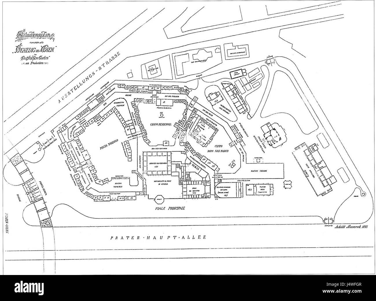 Una mappa di 'Venedig in Wien', un'area storica di Vienna, che illustra la disposizione e le caratteristiche principali di questo quartiere noto per la sua architettura in stile veneziano e i canali. Foto Stock