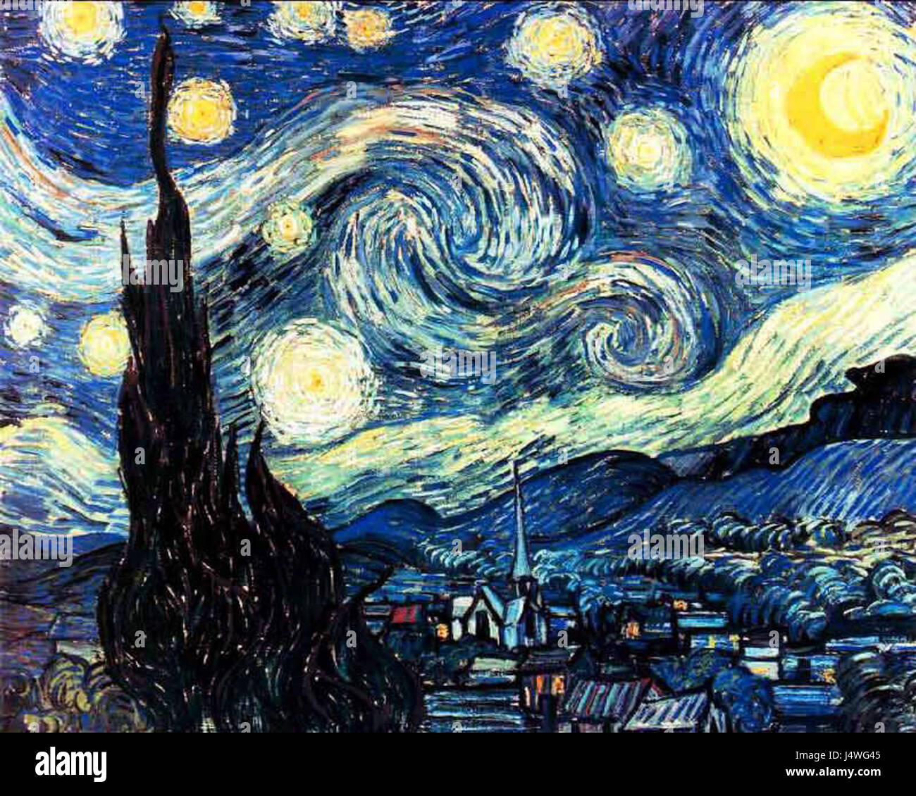 La "notte stellata" di Vincent van Gogh è uno dei dipinti più iconici della storia dell'arte. L'opera ritrae un cielo notturno pieno di stelle vorticose, una rappresentazione vibrante ed emotiva della vista dell'artista dalla sua stanza di manicomio a Saint-RÃ©my-de-Provence. Foto Stock