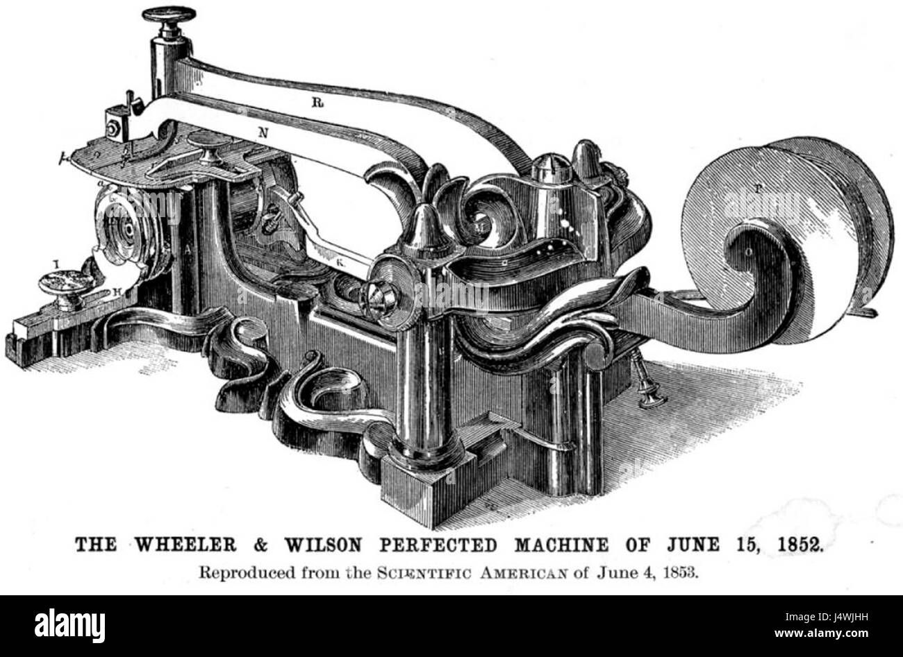 La macchina da cucire Wheeler & Wilson del 1852 è stata una delle prime macchine ampiamente utilizzate negli Stati Uniti, rivoluzionando l'industria tessile offrendo capacità di cucitura più veloci ed efficienti. Foto Stock