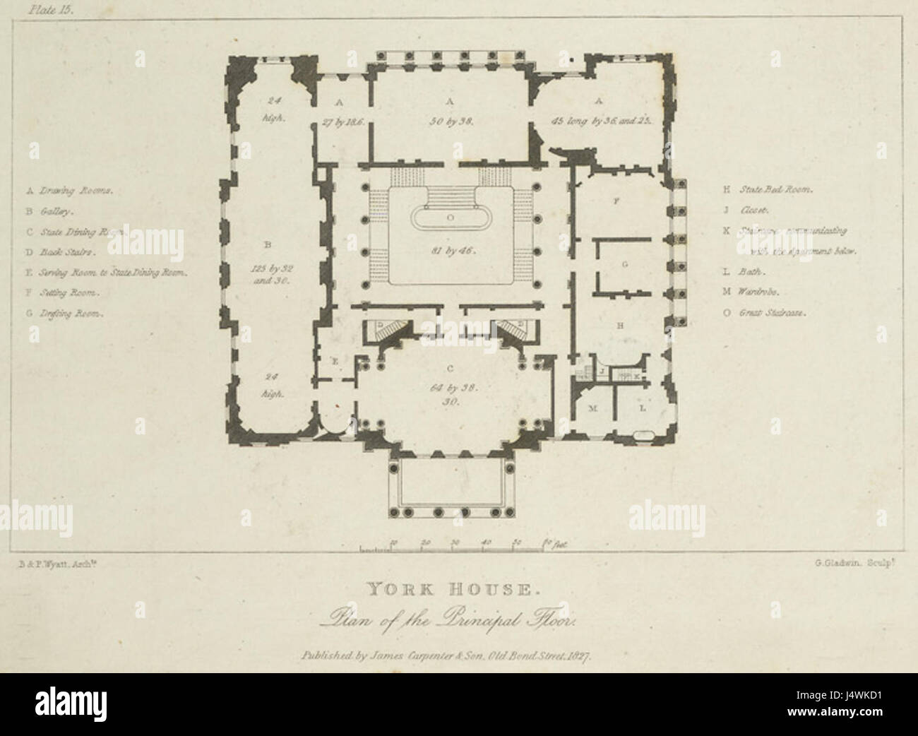 La pianta del piano principale della York House fornisce informazioni sul design architettonico e la disposizione di un edificio storico significativo. Mette in evidenza la disposizione strategica per le funzioni residenziali e sociali. Foto Stock