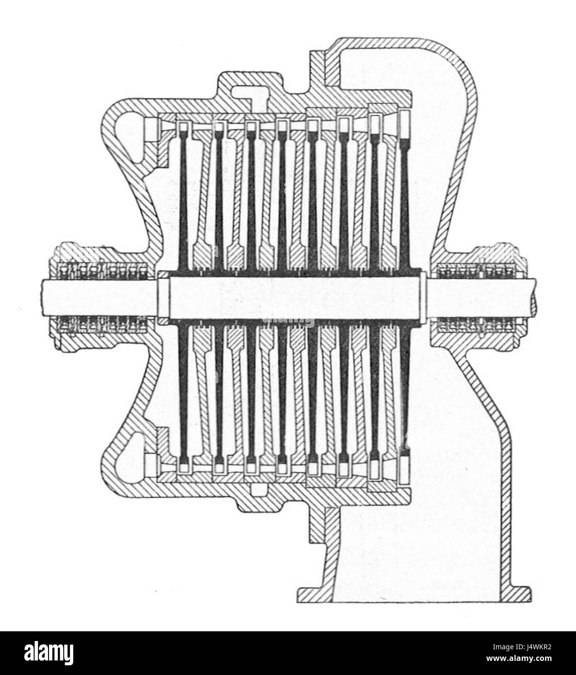 Questa sezione del lavoro del 1913 "motori termici" mostra il design e la funzione della turbina Zoelly, uno sviluppo chiave nell'ingegneria dei primi anni del XX secolo. La turbina Zoelly ha contribuito al progresso delle turbine a vapore e a gas nell'ingegneria meccanica. Foto Stock