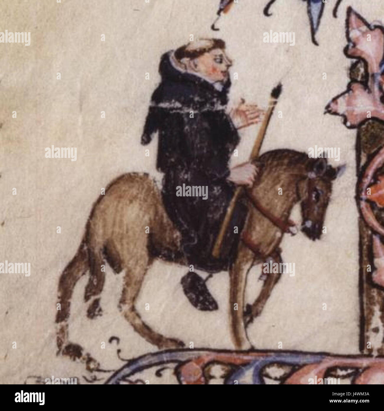 Il frate, un personaggio di "The Canterbury Tales" di Geoffrey Chaucer, è ritratto in varie rappresentazioni artistiche, tra cui il manoscritto di Ellesmere. L'opera di Chaucer rimane un pezzo fondamentale della letteratura inglese, con il frate che rappresenta la classe clericale dell'Inghilterra medievale. Foto Stock