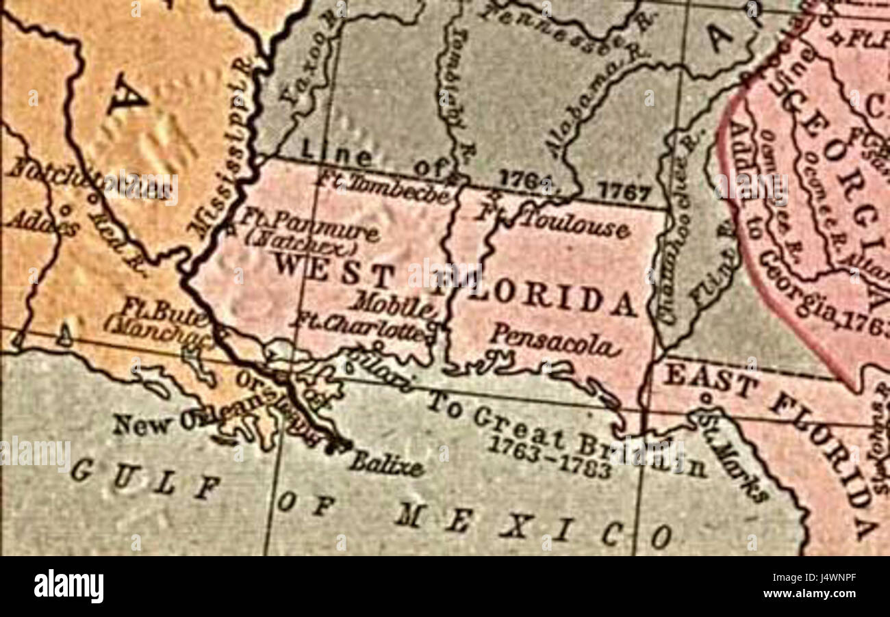 La West Florida Map del 1767 è un documento cartografico storico che fornisce una rappresentazione dettagliata della regione della Florida occidentale nel XVIII secolo, segnando i suoi confini geografici e politici. Foto Stock