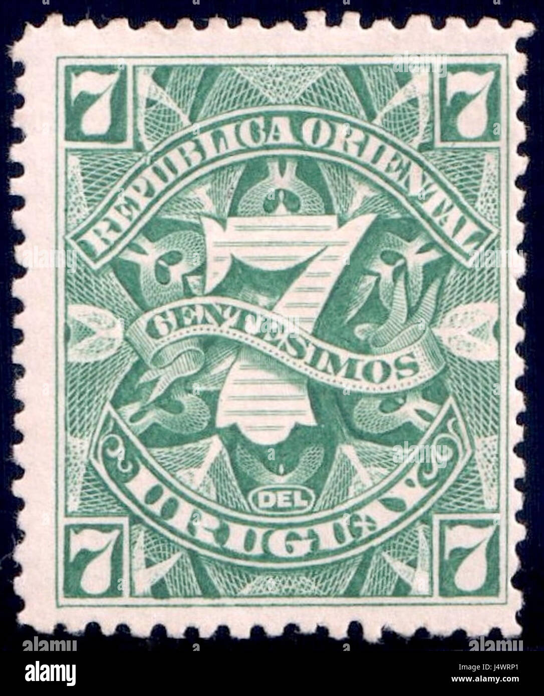 Questo francobollo dell'Uruguay, datato 1894, è un prezioso pezzo di storia postale. Il francobollo da 7 centesimi rappresenta il sistema postale storico di Uruguayâ e fornisce informazioni sulle pratiche di comunicazione di countryÂ alla fine del XIX secolo. Foto Stock