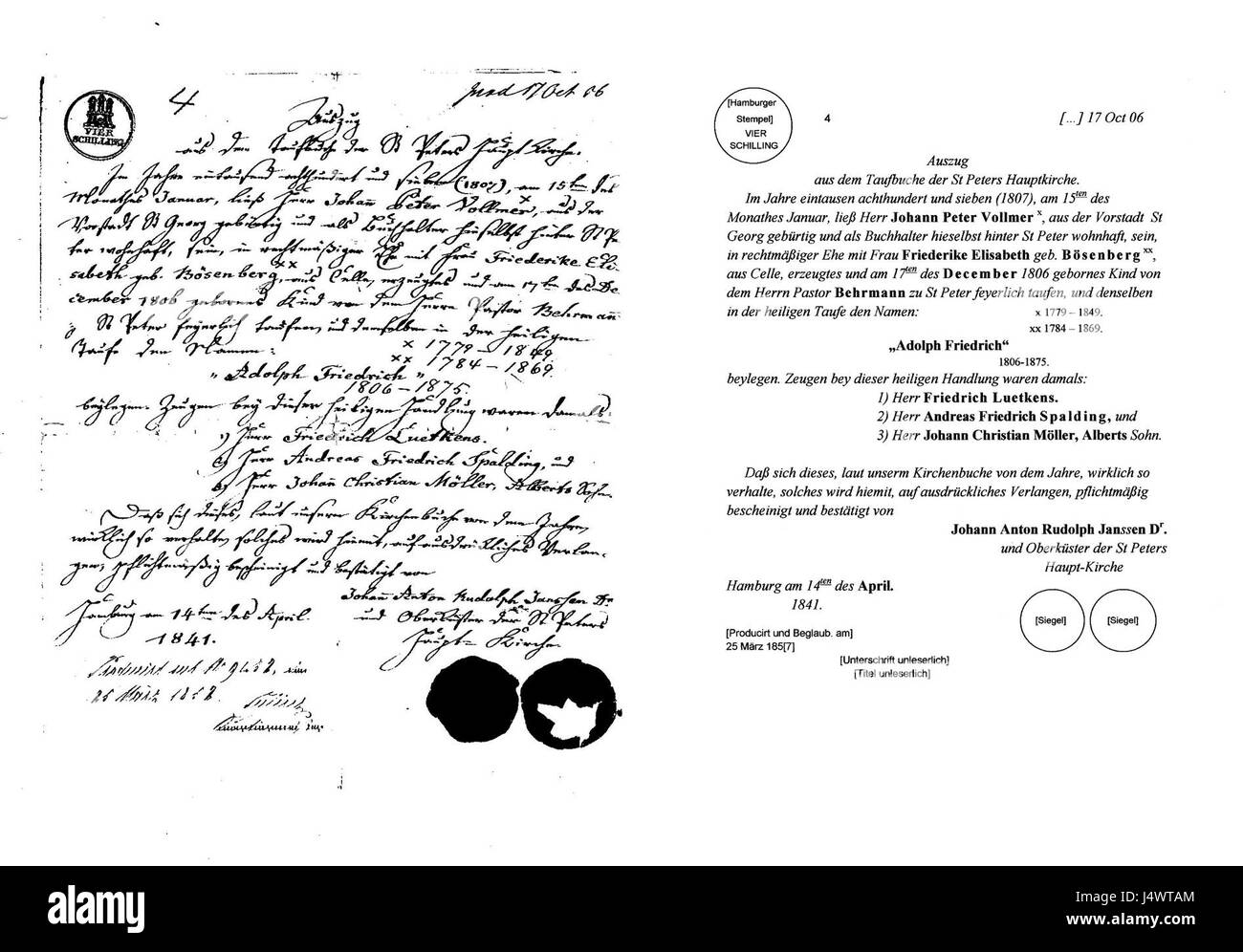 Si tratta di un estratto del registro battesimale di Adolph Friedrich Vollmer, un documento storico contenente dati vitali del XVIII secolo. Mostra i registri dei battesimi e la trascrizione di tali eventi importanti. Foto Stock