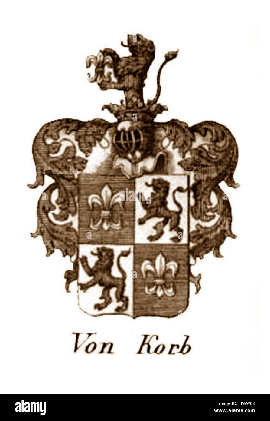 Il Wappen von Korb è uno stemma che simboleggia la città di Korb in Germania. Riflette il patrimonio storico e l'identità locale del townÂ, tipicamente costituito da elementi araldici come colori, scudi e simboli che rappresentano la storia della comunità. Foto Stock