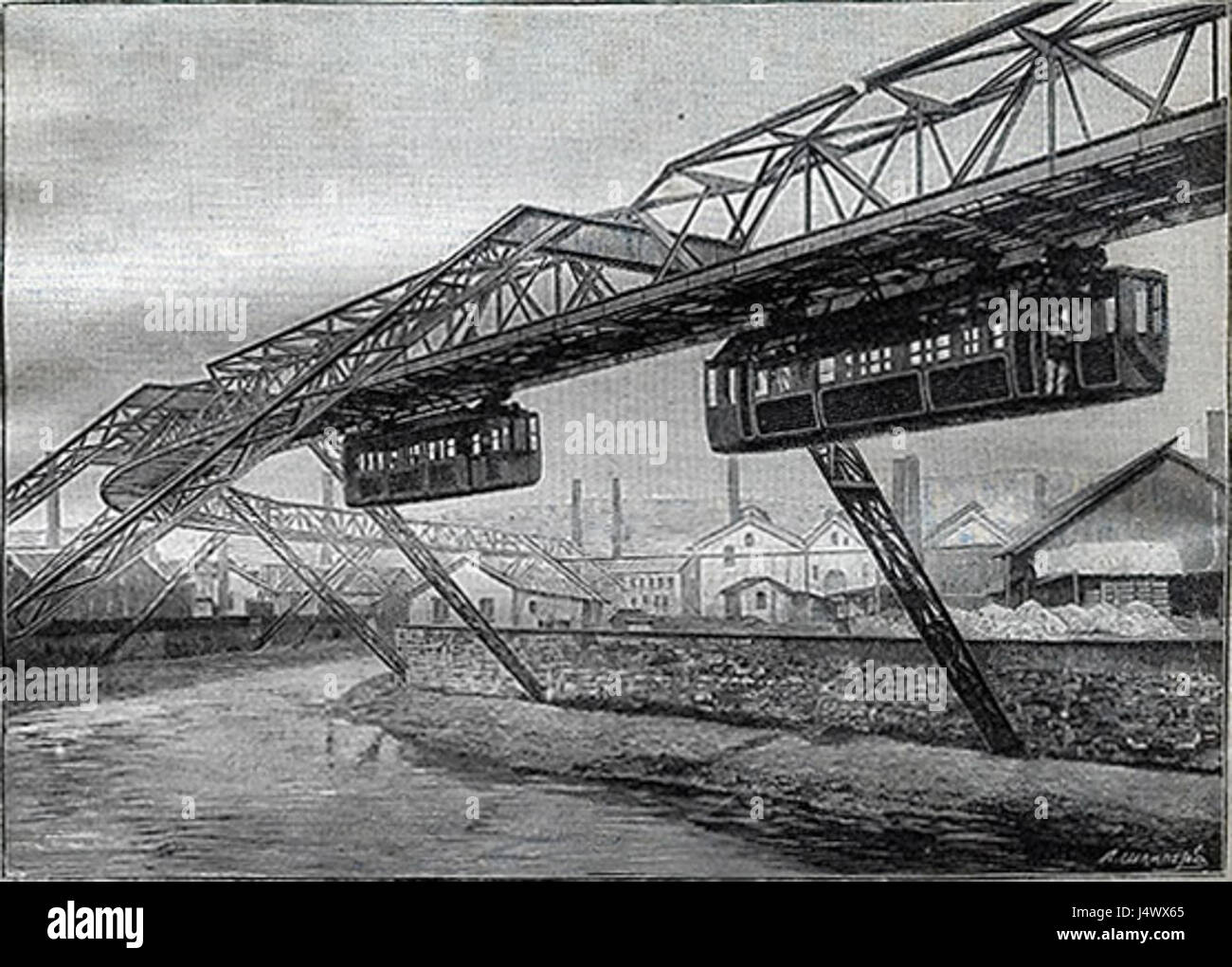 Wuppertal, una città in Germania, è conosciuta per la sua unica ferrovia sospesa e la sua storia industriale. L'anno 1900 segna un periodo significativo nello sviluppo della città tra la fine del XIX e l'inizio del XX secolo. Foto Stock
