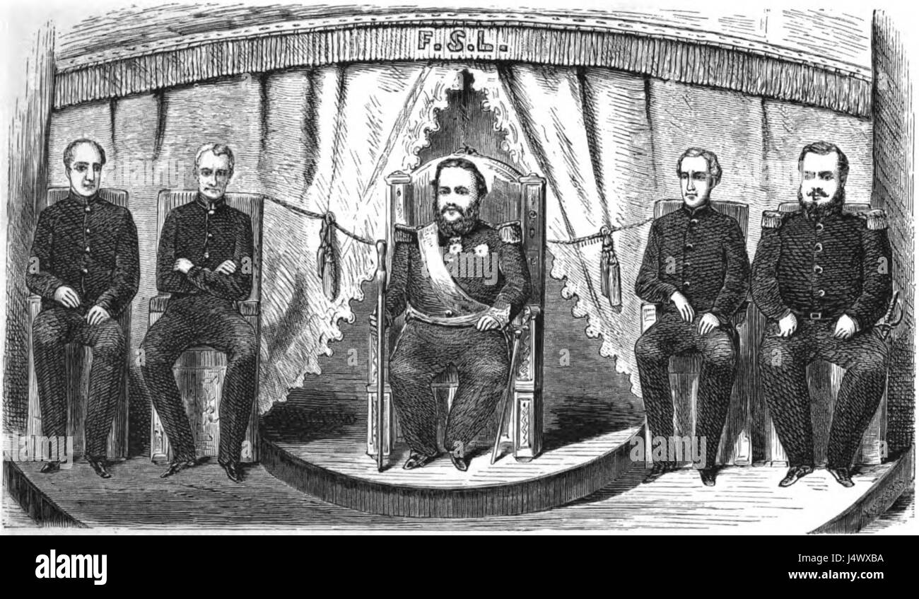 Il Trono. Lopez e il suo gabinetto catturano la leadership politica e le decisioni durante il mandato di Lopez. Presenta un riferimento visivo o storico ai membri del suo gabinetto e alla loro governance. Foto Stock