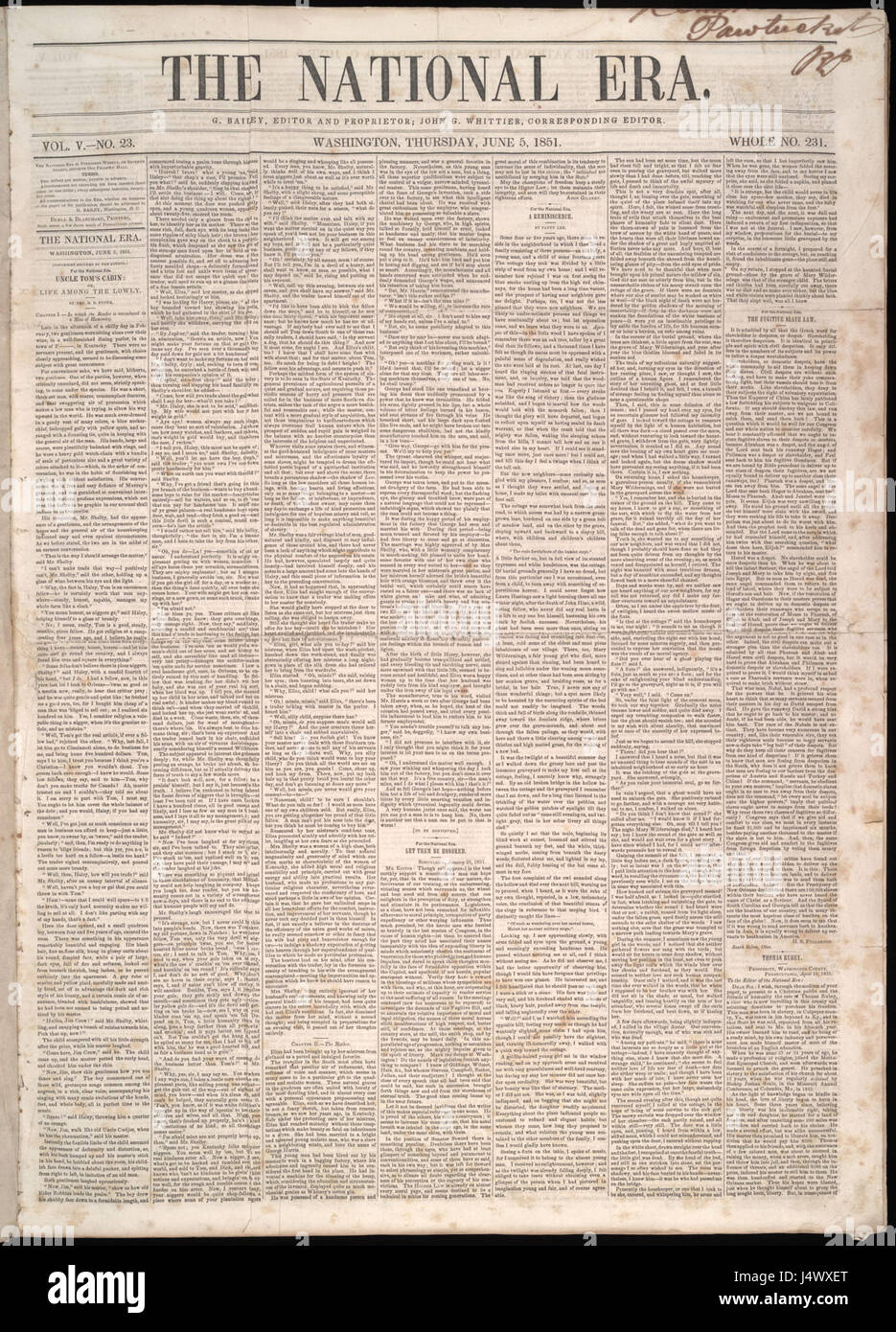 La capanna dello zio Tom fu pubblicata per la prima volta nell'era nazionale il 5 giugno 1851. Il potente romanzo anti-schiavitù di Harriet Beecher Stoweâ è diventato un'opera culturale significativa negli Stati Uniti, influenzando l'opinione pubblica e alimentando il sentimento abolizionista. Foto Stock