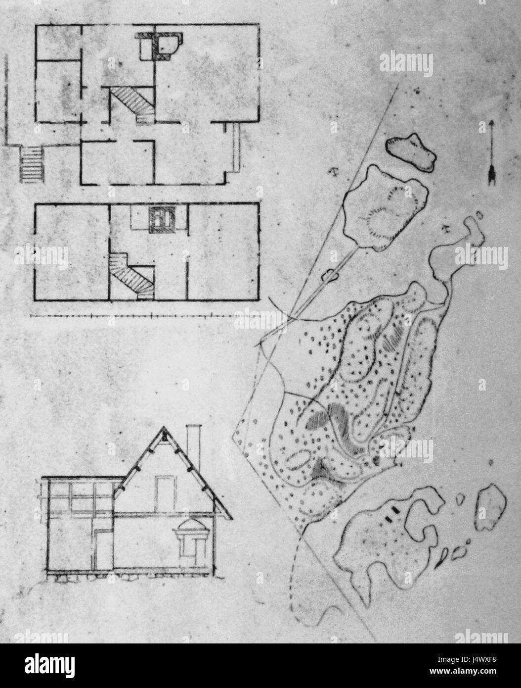 Villa Torsvi e' un rinomato design architettonico caratterizzato da una pianificazione intricata e dettagli artistici. I progetti (ritningar) mostrano la visione artistica e architettonica dietro la costruzione del villaâ. Foto Stock