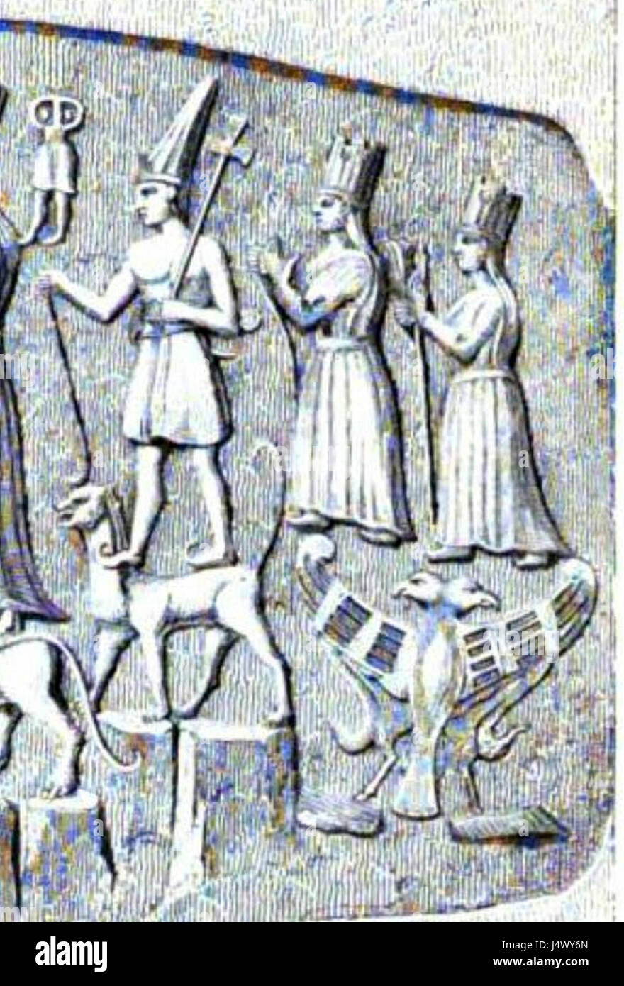 Yazilikaya è un antico santuario di roccia ittita situato in Turchia. Sharruma era una figura di spicco nella mitologia ittita, spesso raffigurata in iscrizioni e rilievi. Il sito è noto per il suo significato religioso e culturale. Foto Stock