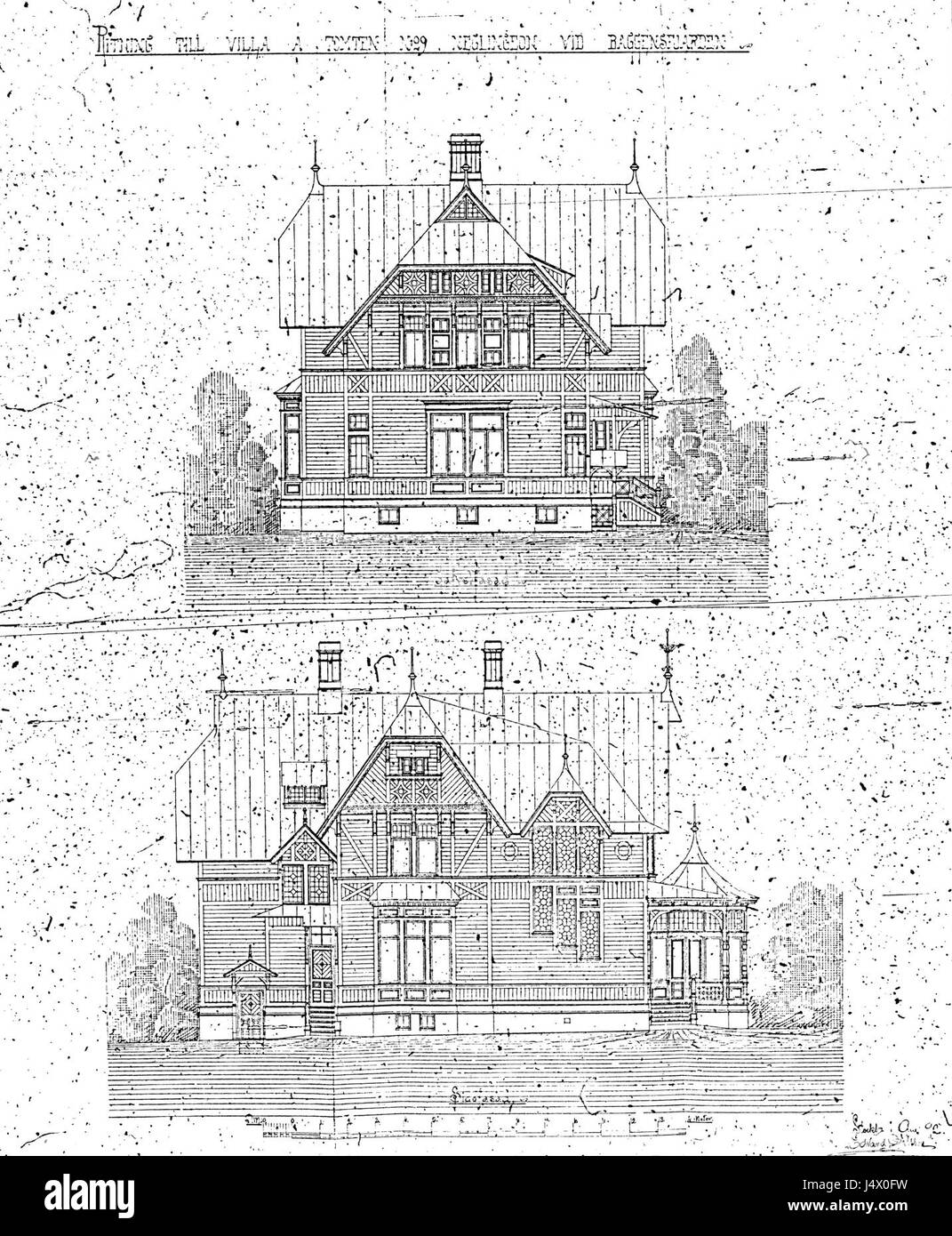Il disegno intitolato "Villa Furubo" dell'agosto 1892 rappresenta il progetto architettonico di una villa, probabilmente situata in Svezia. Mostra l'architettura scandinava dell'inizio del XX secolo. Foto Stock