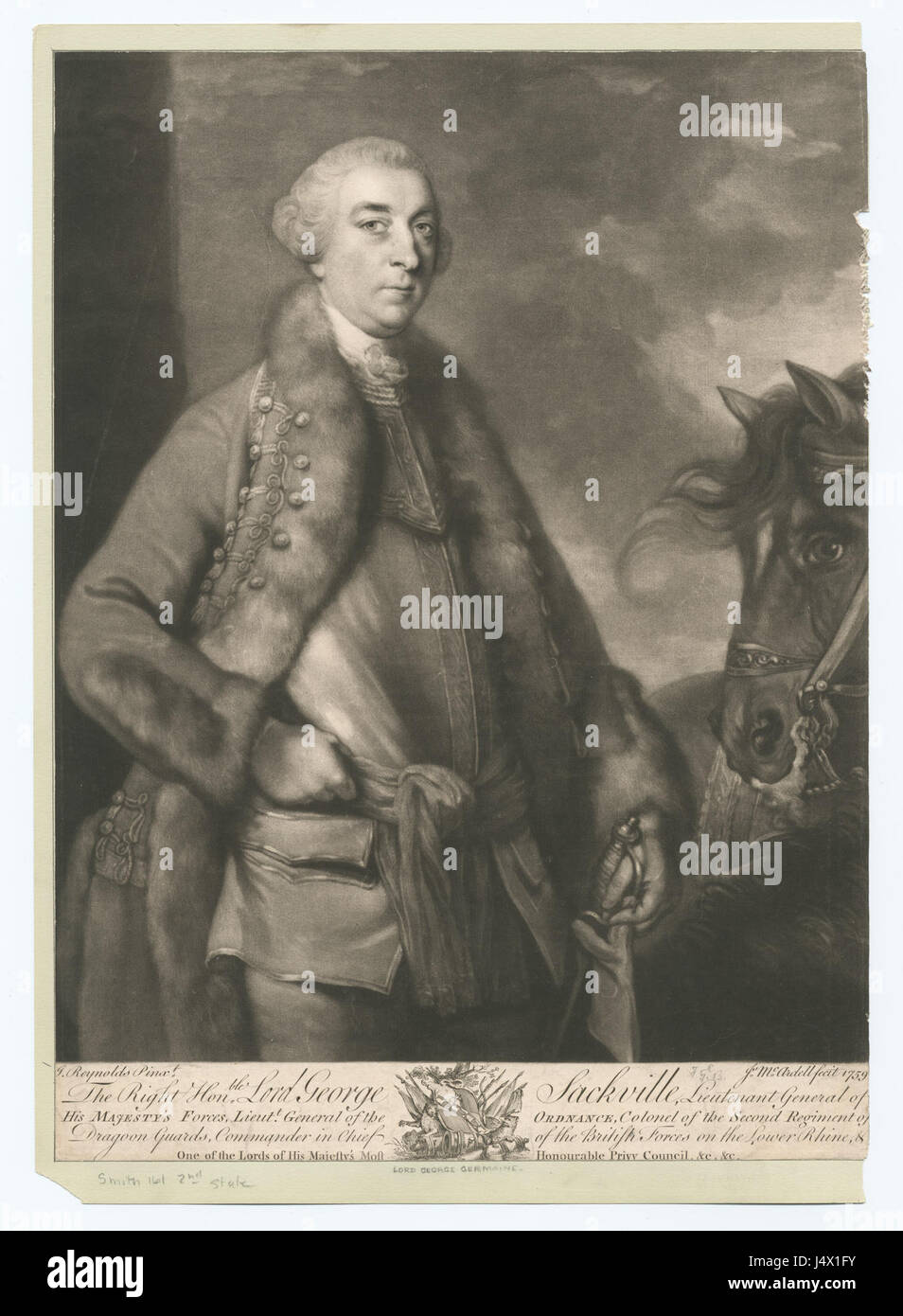 Lord George Sackville, tenente generale delle forze di sua Maestà, fu un importante leader militare britannico durante il XVIII secolo. La sua carriera è segnata da contributi significativi agli sforzi militari britannici, in particolare durante la Guerra dei sette anni. Foto Stock