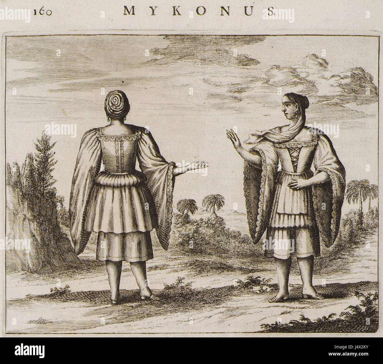 Questo dipinto di Olfert Dapper raffigura le donne di Mykonos nel 1688, catturando gli aspetti sociali e culturali dell'isola durante quel periodo di tempo. Foto Stock