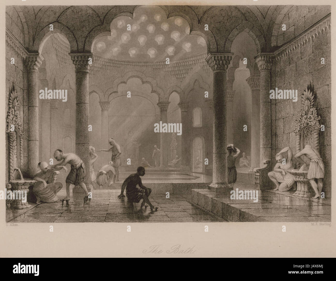 'The Bath' è un'opera d'arte del 1836 di Robert Walsh e Thomas Allom, raffigurante la famosa città britannica di Bath. L'illustrazione cattura i monumenti architettonici e l'essenza culturale di Bath, conosciuta per la sua architettura georgiana e le terme romane. Foto Stock