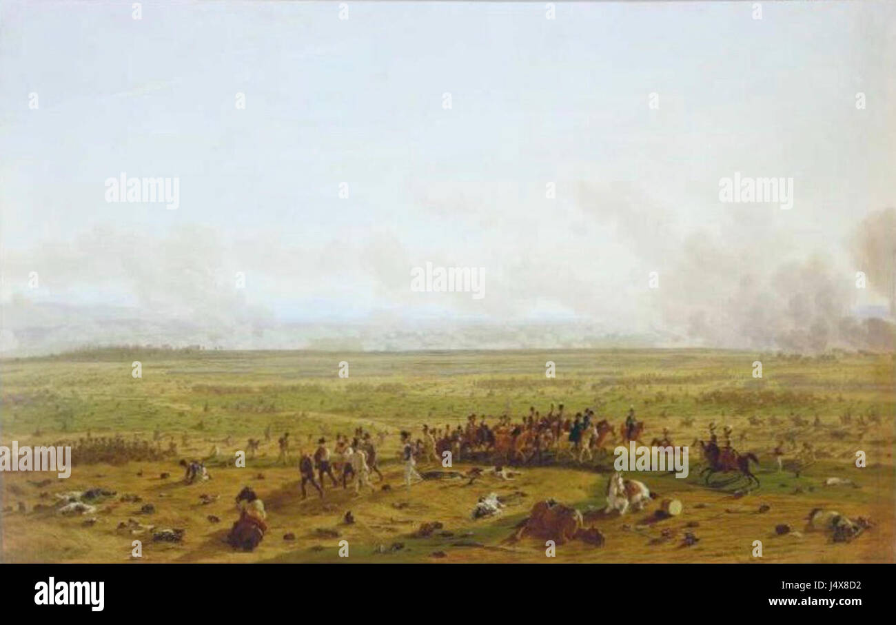 Questo titolo si riferisce a una rappresentazione di Wilhelm von Kobell, un artista tedesco, della battaglia di Wagram, combattuta nel 1811. La battaglia fu un evento significativo nelle guerre napoleoniche, e l'opera riflette probabilmente le tattiche militari, le forze coinvolte e l'importanza storica del conflitto. Foto Stock