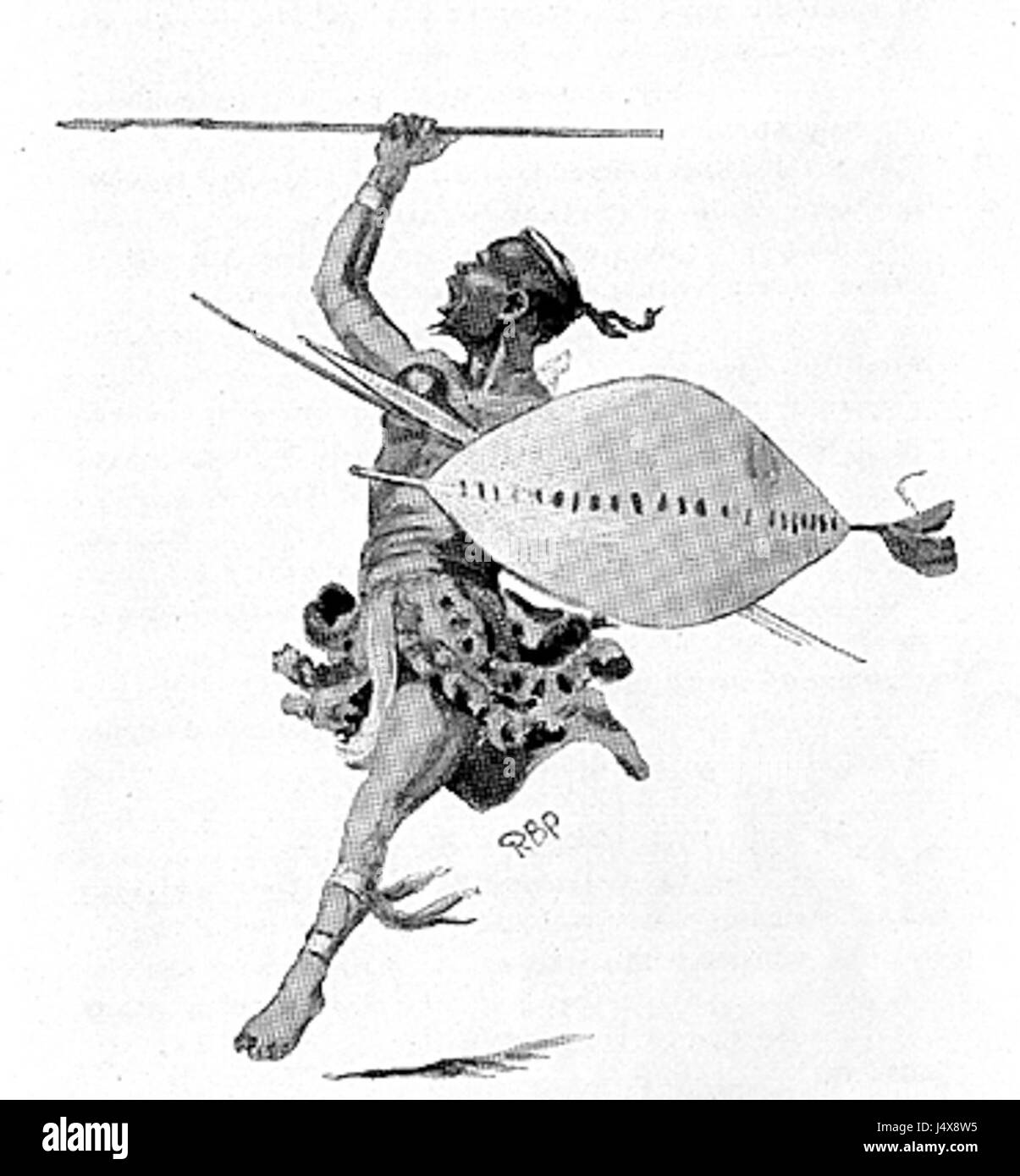 L'immagine intitolata "Zuluwarriorbp" si riferisce a una rappresentazione di un guerriero Zulu, che mostra l'abbigliamento tradizionale e le armi del popolo Zulu. L'abbigliamento di warriorâ include scudi, lance e perline, che rappresentano il loro patrimonio culturale. Foto Stock