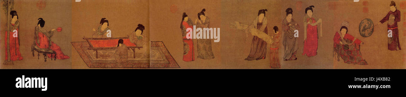 Questo dipinto di Zhou Fang, intitolato "Signora con servi" o "Signora con fan", è un rinomato esempio di arte della dinastia Tang. Raffigura una nobildonna accompagnata da assistenti, mostrando l'eleganza e la raffinata bellezza del periodo. Foto Stock