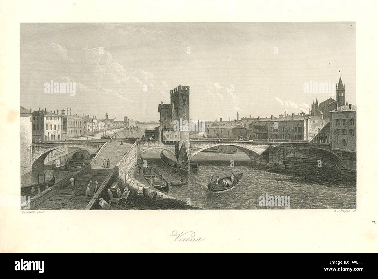 Verona Stich si riferisce a una stampa o incisione che probabilmente raffigura una scena della città di Verona, in Italia. Verona, famosa per la sua architettura romana e Shakespeareâ Romeo e Giulietta, può essere rappresentata in questa immagine storica. Foto Stock